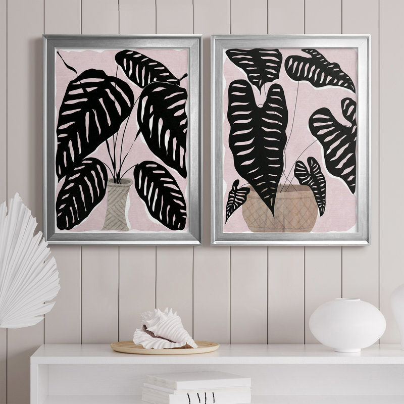 Plante en pot I - ensemble de 2 peintures sur toiles, Toile avec cadre argenté, H 22,5 po x l 61 po x P 1,5 po