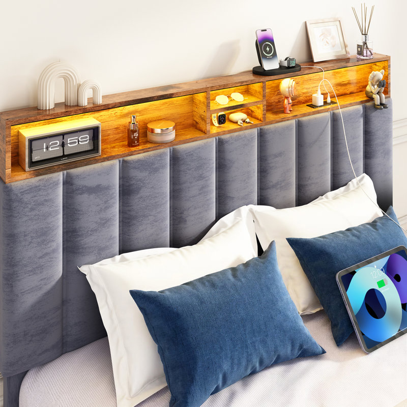 Upholstered Bed Frame with Headboard-Storage Headboard with Smart LED Lights and USB Charging Station,Noise Free,No Box Spring Needed