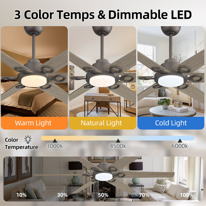 64 In. 6 Blades Indoor Ceiling Fan With LED Light Remote Control Reversible DC Motor, Gray Wood, Gray