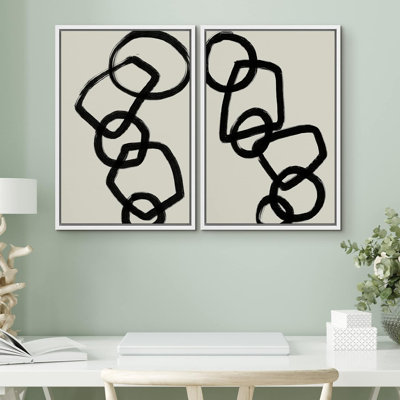 Linear Geometry " Black Duotone Geometric Polygons Abstract Shapes Minimal Wall Decor Artwork Boho Nordic Relax Zen " 2 Piece Art Print