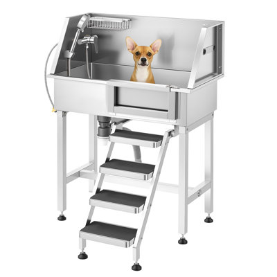 Station de lavage pour animaux de compagnie en acier inoxydable de 34 pouces, baignoire de toilettage avec douche, robinet, porte-savon, marches antidérapantes, conception facile à nettoyer pour petits animaux et chats (porte à droite)