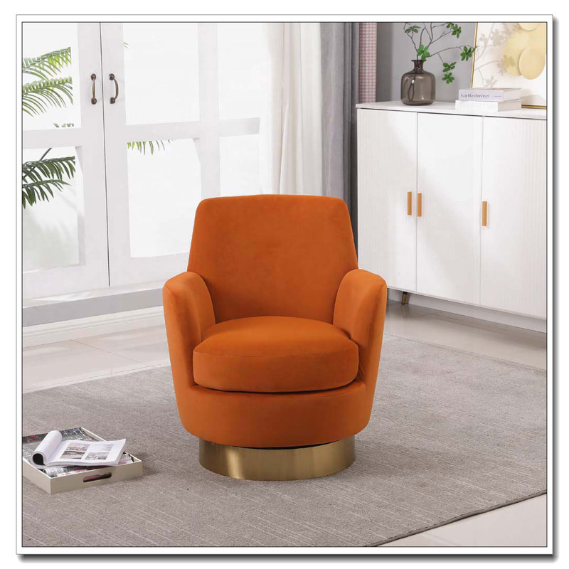 Fauteuil demi-tonneau pivotant avec base en acier inoxydable doré, Orange