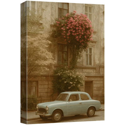 «Vintage Street Scene with Pink Flowers and Blue Car Art», reproduction d'art sur toile encadrée