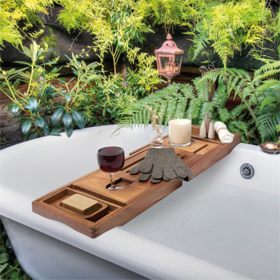 Plateau de baignoire en bois d'acacia pour baignoire - Plateau de bain extensible avec support à vin solide et coussinets antidérapants - Comprend un porte-savon et des accessoires de spa - Ensemble de luxe pour le bain en bois franc