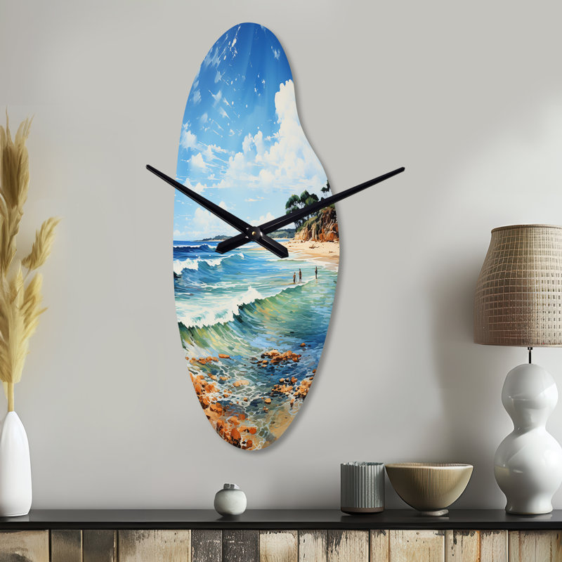Beach Photo Coastal Impressions VII - Curved Shape Large Teal Wall Clock Sculpture, Moyenne