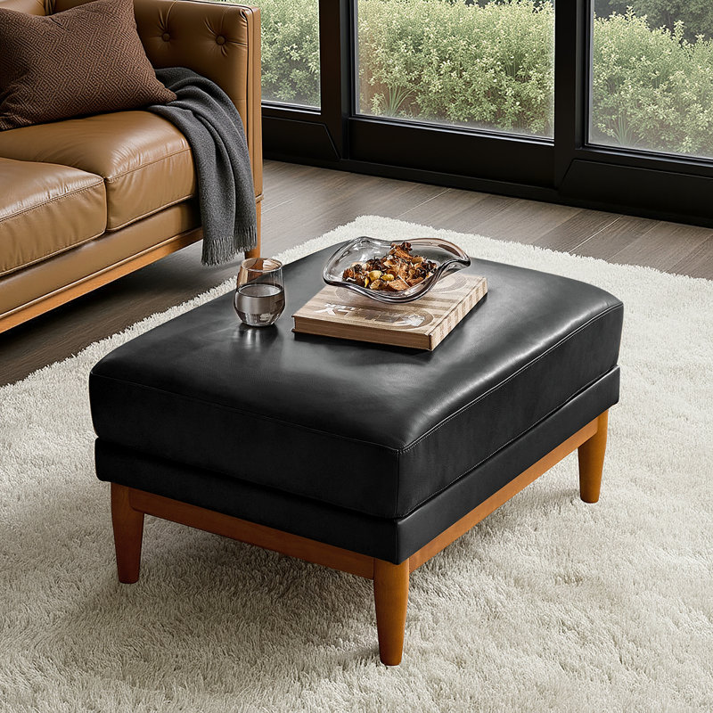 Erauso 33.5"W Mid-Century Modern Genuine Leather Ottoman with Solid Wood Legs, Black
