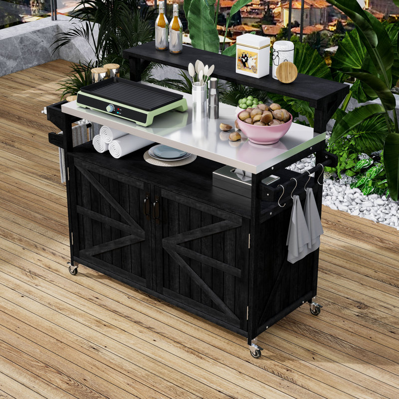 Chariot de barbecue roulant sur roulettes avec tablette en bois surélevé, comptoir en acier inoxydable et tablettes réglables