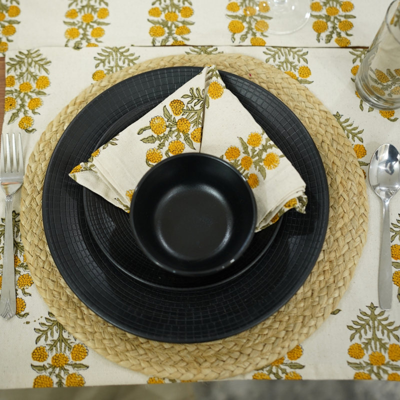 Fabdivine 18X18 Inch Block Print Floral Napkin - Handcrafted Design for Beautiful Tables, Hjara, Yellow
