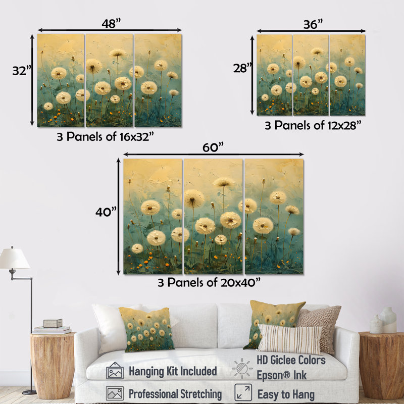 Ensemble de salon avec art mural pissenlit beige et bleu printemps, Toile tendue, H 32 po x l 48 po x P 1 po