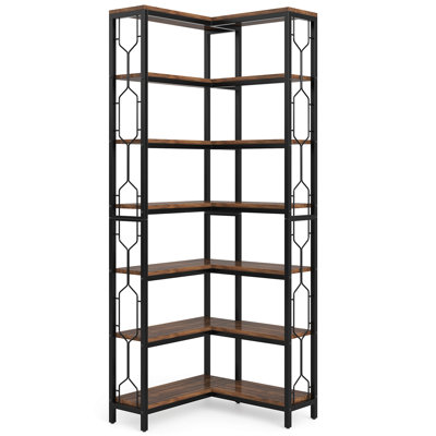 78.74" Tall 7-Tier Industrial Rustic Brown Corner Bookshelf Tall Wood Metal Etagere Display Shelf For Home Office, Living Room & Kitchen