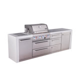 Mont Alpi Premium 4-burner 107" Deluxe Stainless Steel Island Modular Outdoor Kitchen Island Bbq Gas Grill + Infrared Side Burner + White Granite Countertops + Storage Drawers & Cabinets + Rotisserie