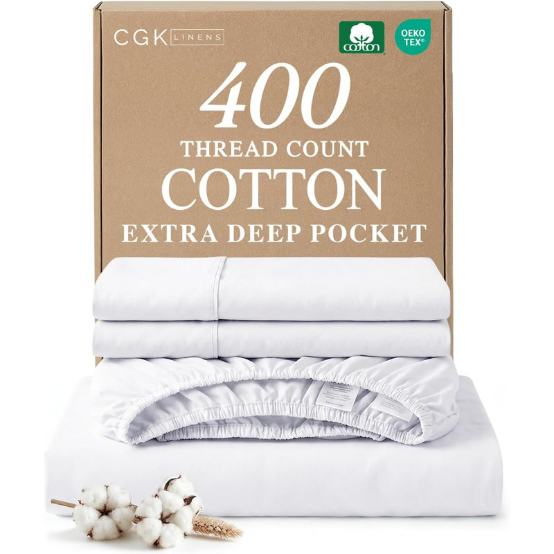 4 Piece 400 Thread Count Cotton Sheet Set – Extra Deep Pocket, Cooling, Breathable & Soft Bedding, White