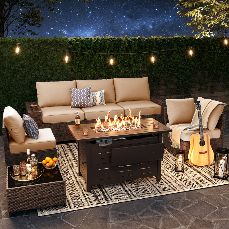 7-pieces Patio Conversation Set With Wide Armrests And Fire Pit Table,outdoor Rattan Seating Group, Brown, Beige