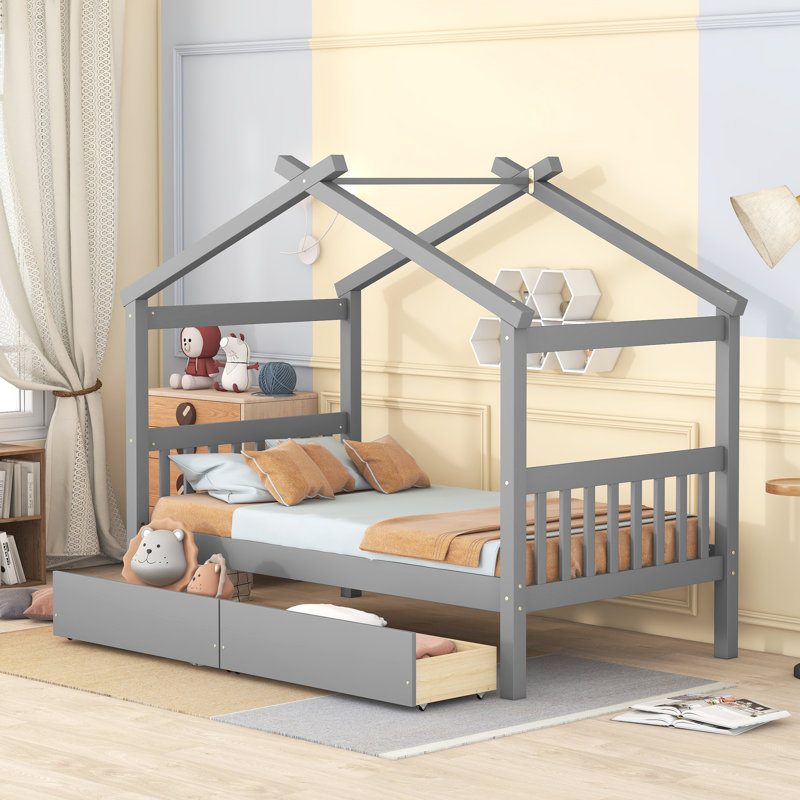 Lit simple en bois avec tiroirs, noyer, gris