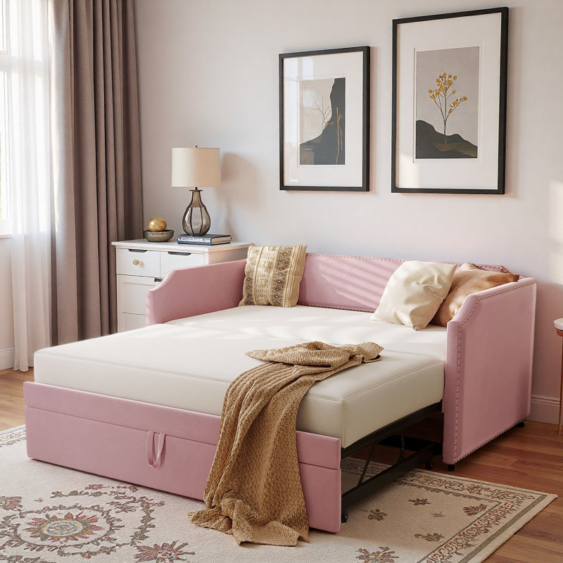 Velvet Upholstered Daybed With Pop Up Trundle And Nail Head Decoration, Pink