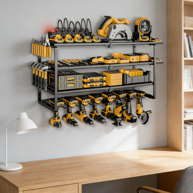 Organisateur mural pour outils électriques avec multiprise à 6 prises - 4 tablettes, 8 fentes pour outils, capacité de 200 lb