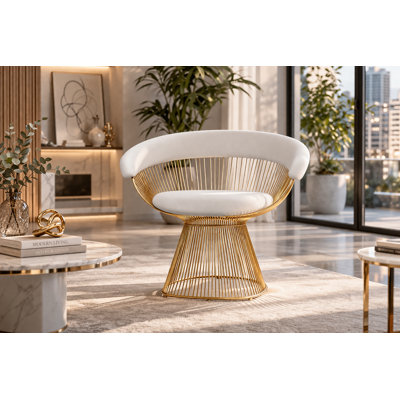 Pangea Home Fern Modern White Faux Vegan Leather Accent Chair with Gold Metal Wire Base – Contemporary Armchair for Living Room or Dining Space