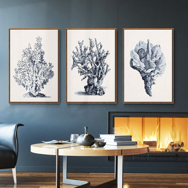 Blue Antique Coral I - ensemble de 3 reproductions de photos sur toile, Noyer, H 40 po x l 78 po