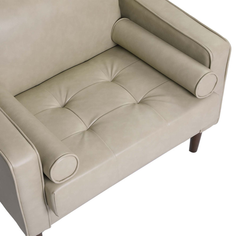 Fauteuil club capitonné à accoudoirs carrés en similicuir avec 2 coussins, Crème