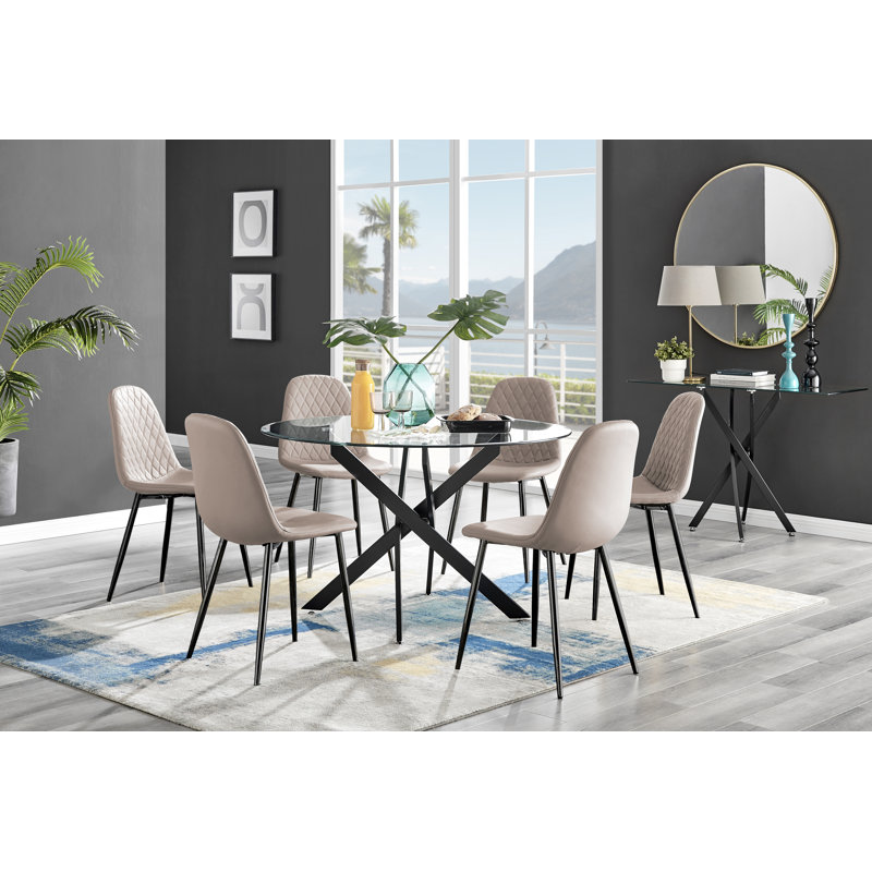 Tierra Modern Chrome Metal & Glass Round Dining Table Set with 6 Luxury Faux Leather Chairs, Cappuccino