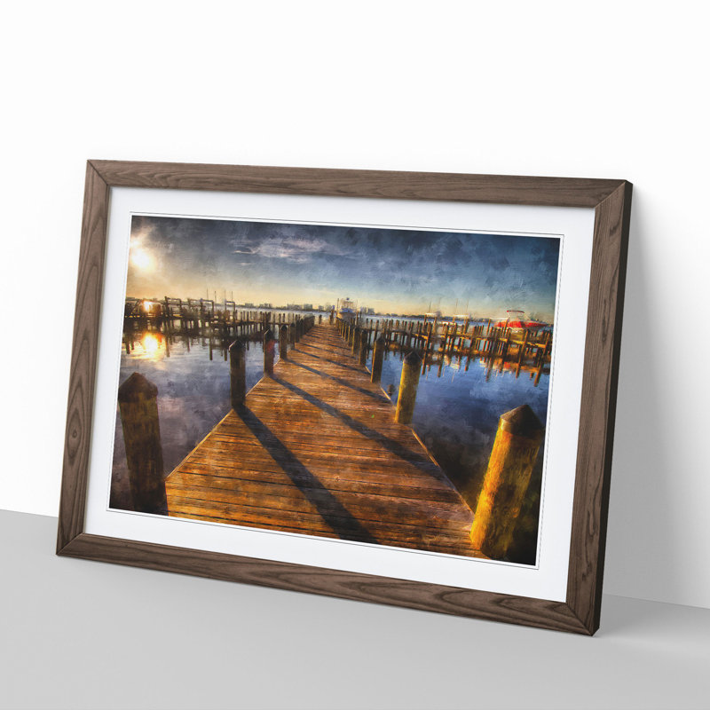 Jetty over the Lake - Picture Frame Painting, 36cm H x 48cm W x 2cm D, Walnut