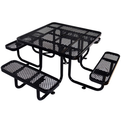 Durable Square Outdoor Steel Picnic Table With Umbrella Pole, For Family Gatherings And Backyard Comfort