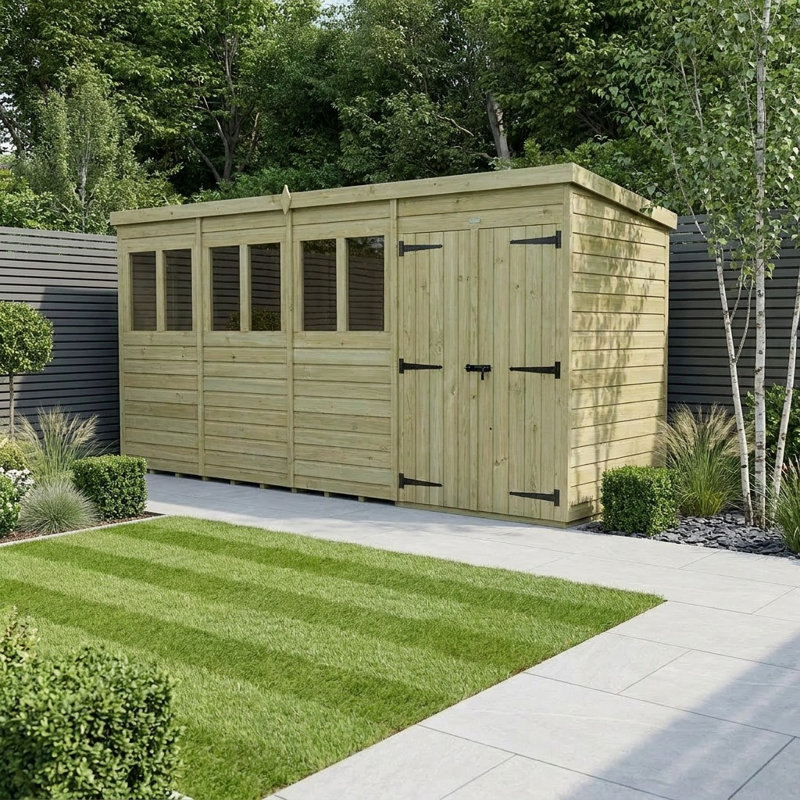 Total Sheds 15ft x 6ft Pent Garden Shed - Double Door - With Windows - Pressure Treated Timber - UK Manufactured