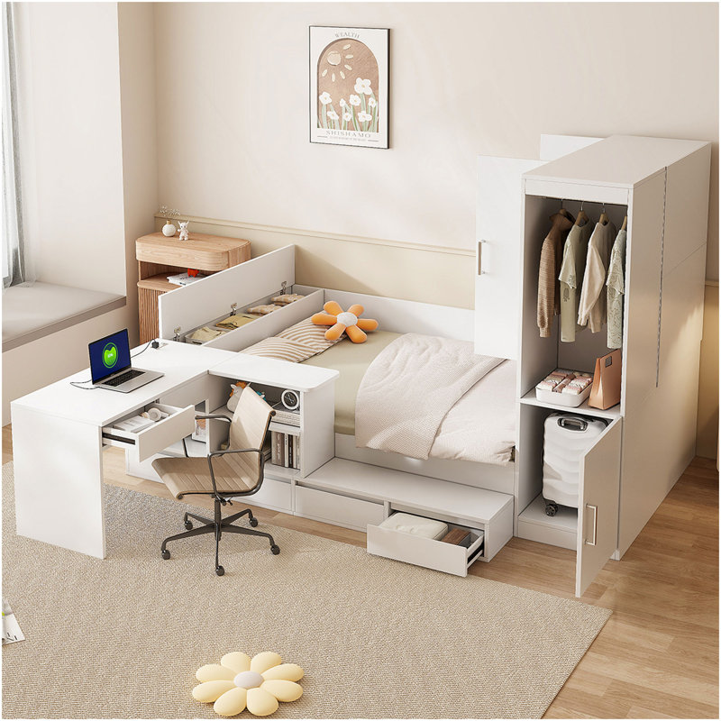 Lit plateforme double en bois avec 6 tiroirs, tablettes, bureau et garde-robe, blanc, Blanc