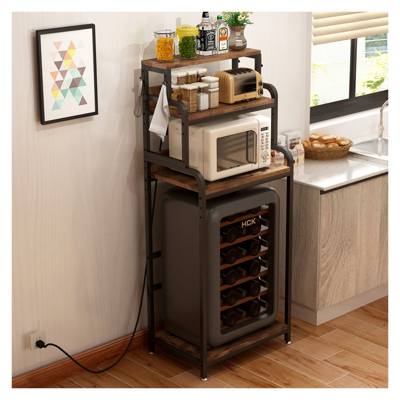 Mini-réfrigérateur à 4 niveaux noyer brun avec tablette de rangement, panneau de fibres à densité moyenne moderne et rangement central en métal