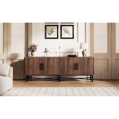 4-Door Tv Stand, Spacious Top, And Decor, Chestnut, Media Devices Organization Cabinet With Adjustable Shelf Built - In Cable Management For Setup, 66"W * 18"D 23"H, Fit Home Decor