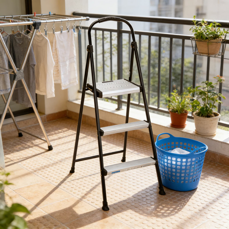 Escabeau pliant à 3 marches avec grande plateforme - Structure en acier léger en aluminium, mécanisme de déverrouillage à une main, embouts de pattes non marquants pour la maison et l'atelier