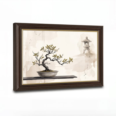 Bonsai Tree with Stone Lantern Beige Watercolor Canvas Wall Art