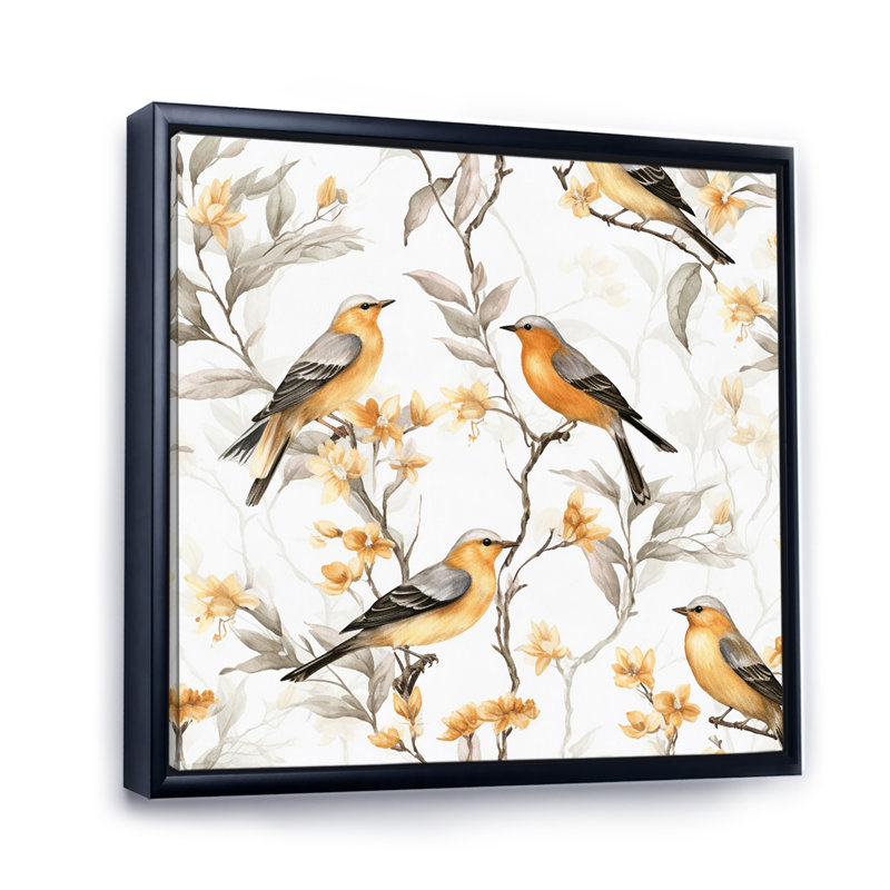 Oiseaux orange noirs sur des arbres I - impression, 16" H x 16" W, Cadre flottant noir