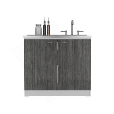 Évier autoportant, armoire à deux portes, deux tablettes, chêne fumé