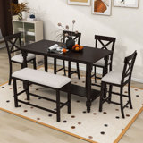 Daury 6Pcs Counter Height Dining Set with 4 Upholstered Chairs, Bench and Storage Shelf
