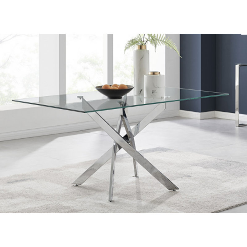 Table rectangulaire moderne en verre trempé et cadre en fer argenté