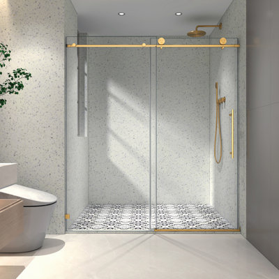 6076 Brushed Gold frameless one fixed and one shifted Shower Door,70MM 304 stainless steel large pulleys with adjustable soft closing function,with nano easy cleaning,stick explosion-proof menbrance