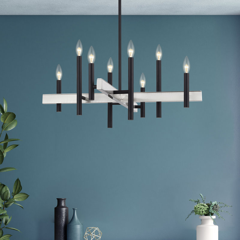 Lustre moyen 8 lumières noires avec accents en nickel brossé, Noir, 8