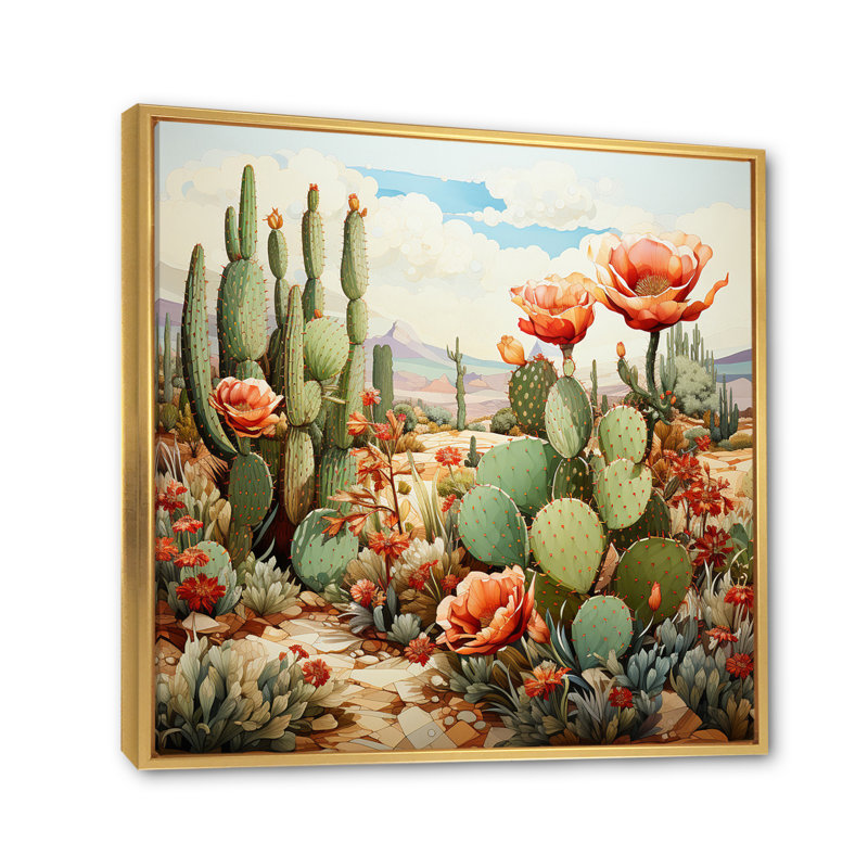 Corail vert cactus désert pointillisme III - art mural de cactus pour le salon, H 16 po x l 16 po x P 1 po