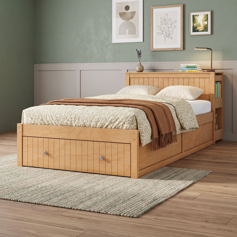 Lit plateforme simple en bois avec bureau et tiroir intégrés, Walnut