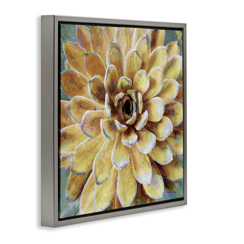 Peinture botanique jaune à fleurs succulentes, Cadre flottant gris lustré, H 18 po x l 18 po