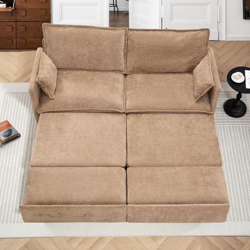 Canapé-lit gigogne de 74 po, canapé-lit convertible avec ports USB, canapé rembourré en chenille avec méridienne pour le salon, chambre d'amis, brun