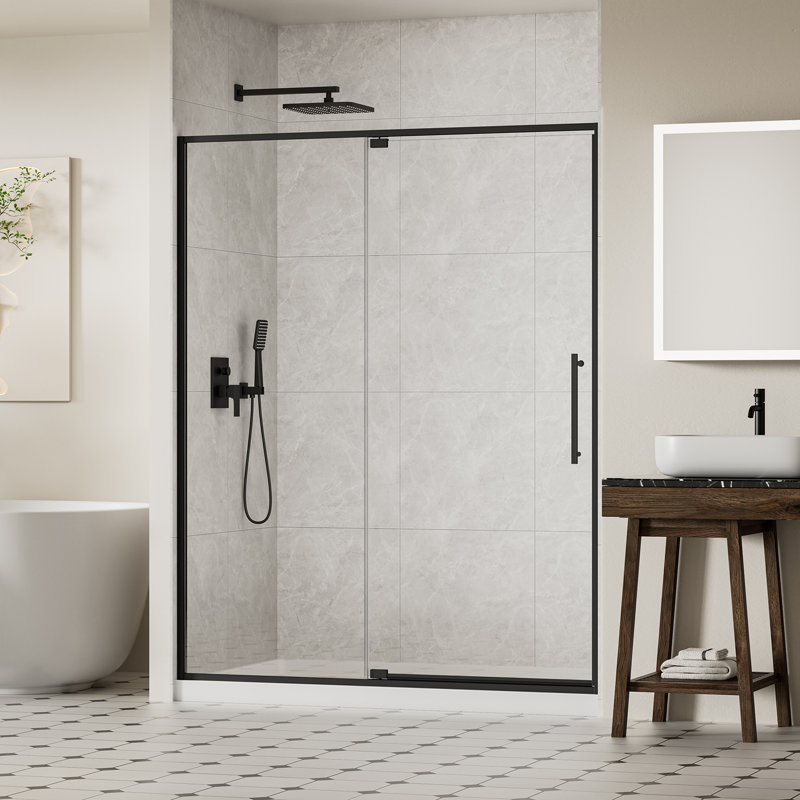 Porte de douche pivotante avec cadre en verre trempé de 56 à 60 po x H 74 po avec verre trempé de 5/16 po (8 mm), finition noir mat, installation réversible