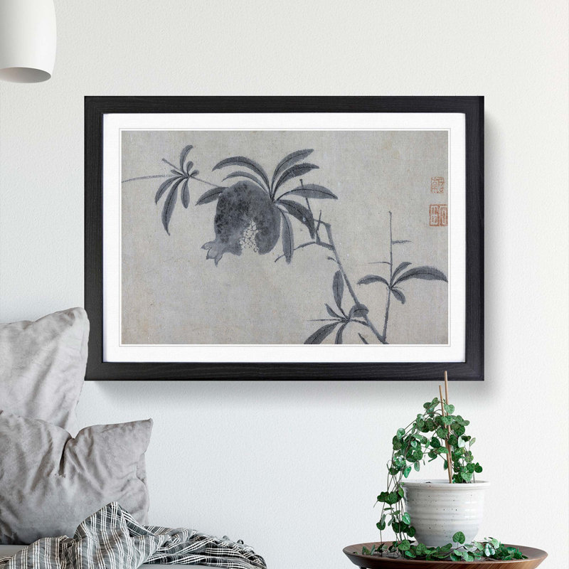 Pomegranate Tree by Shen Zhou - Picture Frame Painting Print, 48cm H x 65cm W x 2cm D, Black Framed