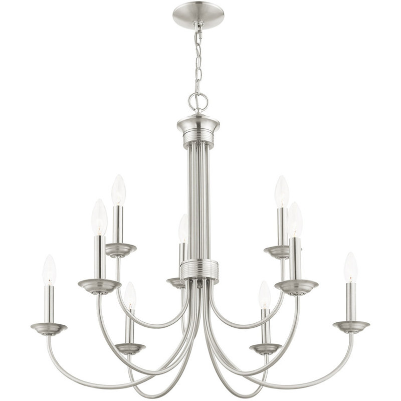 Lustre style chandelier 9 lumières Arunvir, Nickel brossé