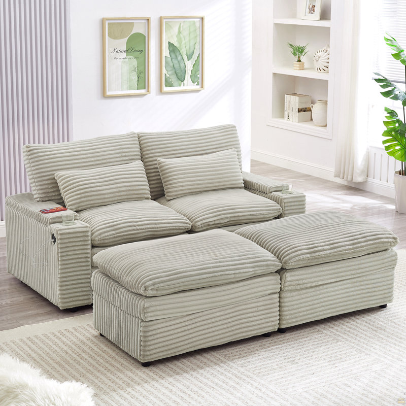 Canapé-lit modulaire à combinaison libre 70,9 po avec causeuse avec espace de rangement, deux repose-pieds mobiles, quatre ports USB et deux porte-gobelets