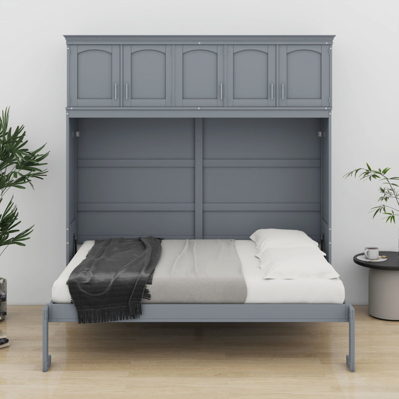 Lit escamotable mural avec armoires supérieures Murphy, gris, Lit double