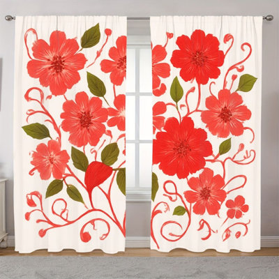 2Pcs Red Floral Curtains, Vintage Patterned Modern farmhouse french country  Light Filtering Curtain For living bedroom Kitchen Rod Pocket Window Drapes