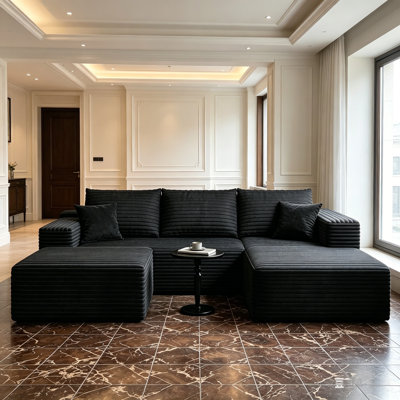 Cloud-Shaped Modular U-Shaped Sofa With Matching Footstool, Modern Minimalist Deep Seat Design, No Installation Required, Living Room Cushion, Right Chaise Lounge Style, Black.