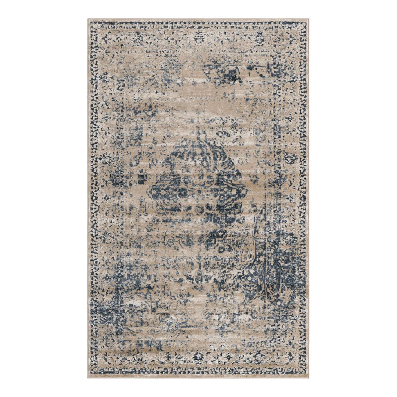 Arkeen Oriental Dark Blue/Beige/Ivory/Gray Area Rug, Rectangle 3'1" x 5'3"